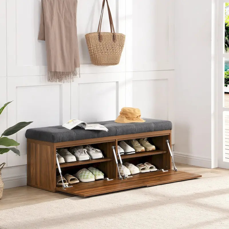 Banc à chaussures Meuble de rangement pour chaussures d'entrée Ottomane de rangement avec coussin rembourré et portes doubles pour l'entrée