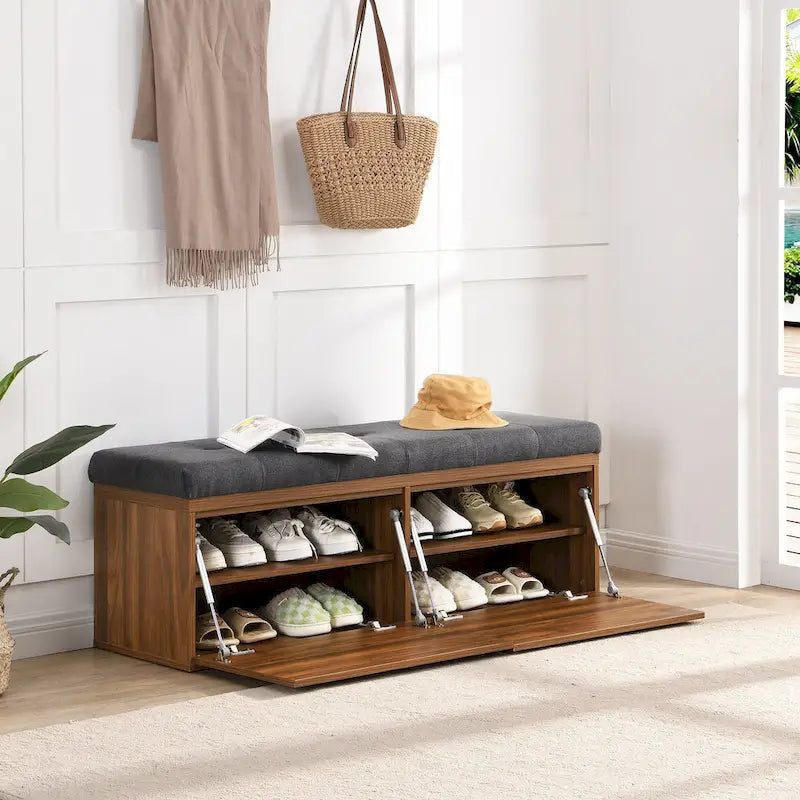 Banc à chaussures Meuble de rangement pour chaussures d'entrée Ottomane de rangement avec coussin rembourré et portes doubles pour l'entrée