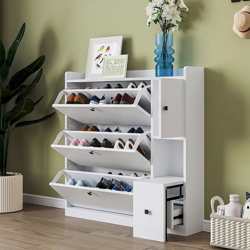 Meuble à Chaussures Polyvalent à Bascule avec 3 Tiroirs Rabattables, Organisateur d'Entrée à Rangement Maximal avec Tiroir