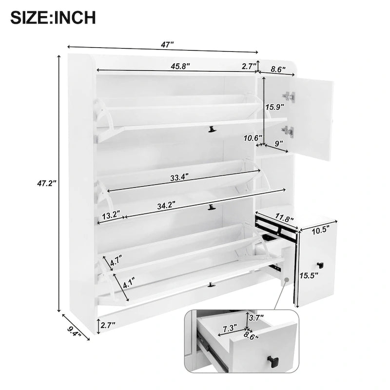 Meuble à Chaussures Polyvalent à Bascule avec 3 Tiroirs Rabattables, Organisateur d'Entrée à Rangement Maximal avec Tiroir