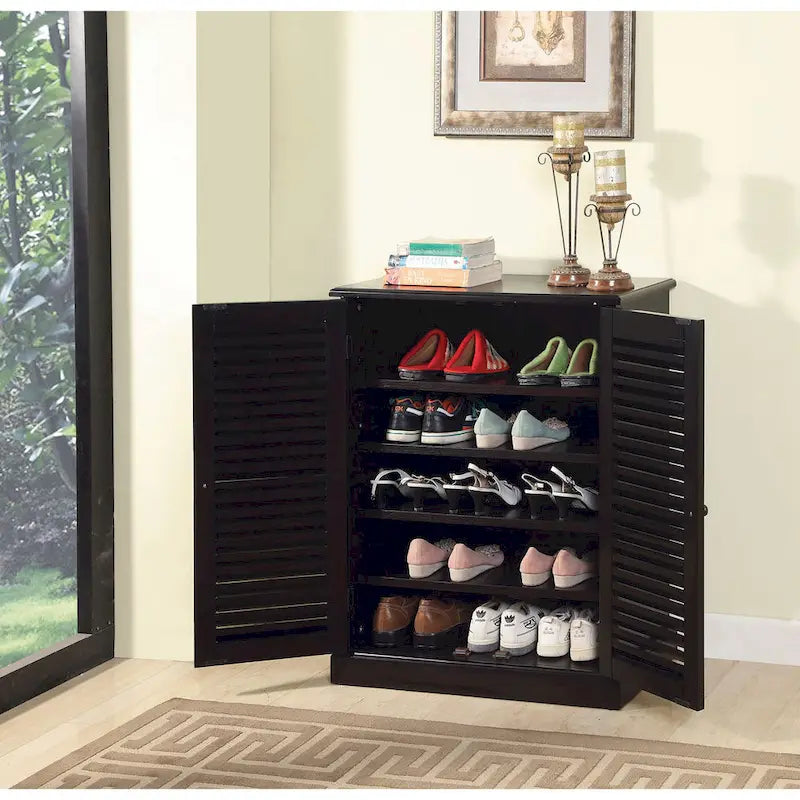 Meuble à chaussures moderne de style transitoire 1 pièce, finition expresso, étagères réglables, portes à persiennes, meuble de rangement pour chaussures