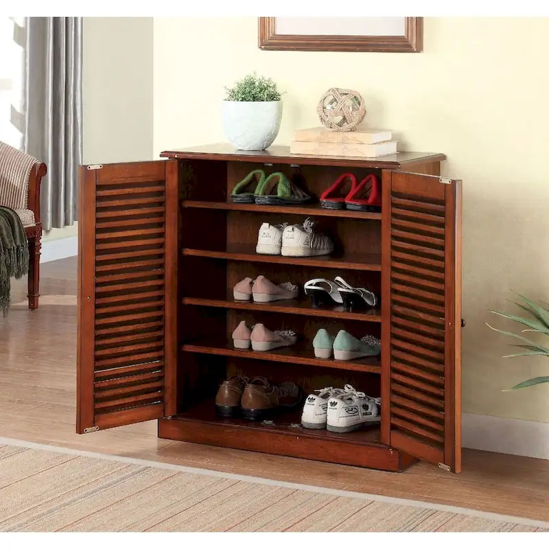 Meuble à chaussures moderne de style transitoire 1 pièce, finition expresso, étagères réglables, portes à persiennes, meuble de rangement pour chaussures