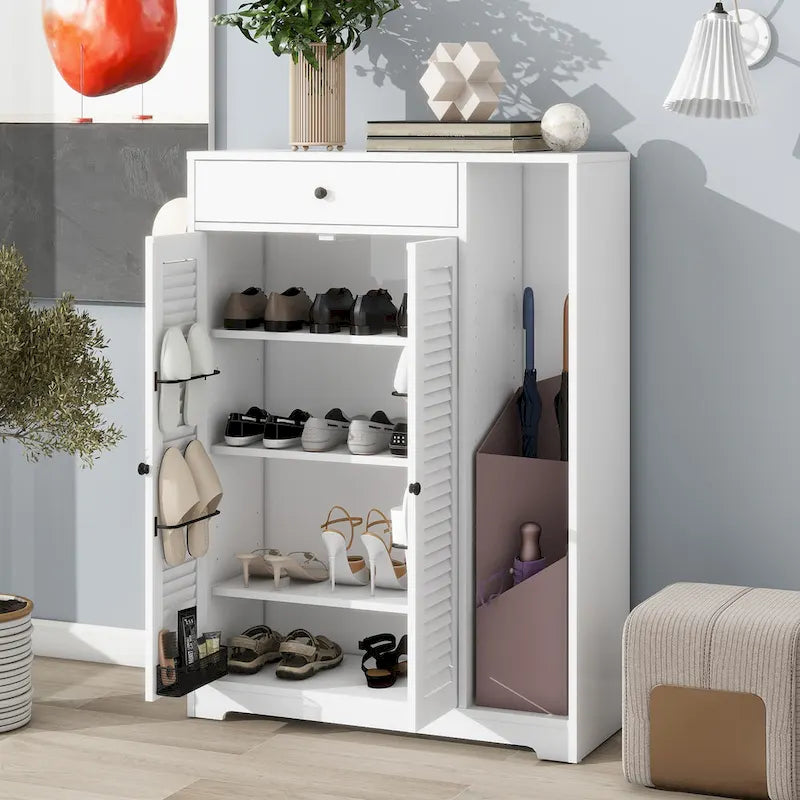 Étagère à chaussures autoportante avec 2 portes à persiennes, meuble à chaussures étroit d'entrée avec étagère de rangement réglable et tiroir supérieur
