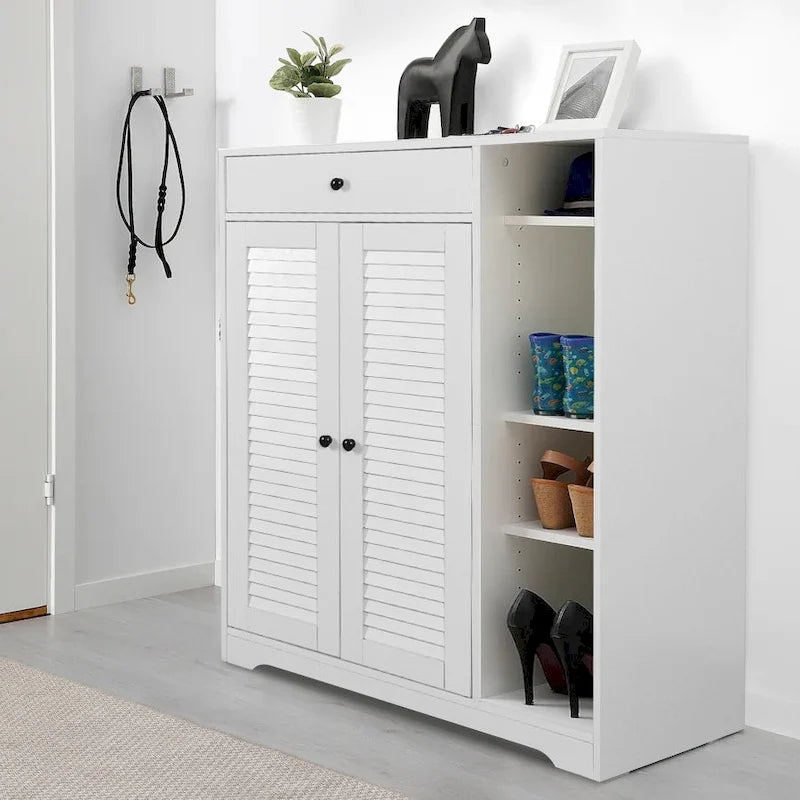 Étagère à chaussures autoportante avec 2 portes à persiennes, meuble à chaussures étroit d'entrée avec étagère de rangement réglable et tiroir supérieur
