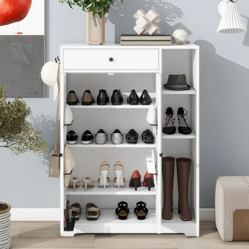 Étagère à chaussures autoportante avec 2 portes à persiennes, meuble à chaussures étroit d'entrée avec étagère de rangement réglable et tiroir supérieur