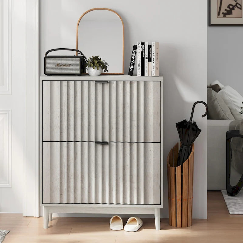 Meuble à chaussures avec 2 tiroirs basculants, meuble de rangement pour chaussures cannelé pour entrée, organisateur de rangement pour chaussures autoportant avec portes ondulées