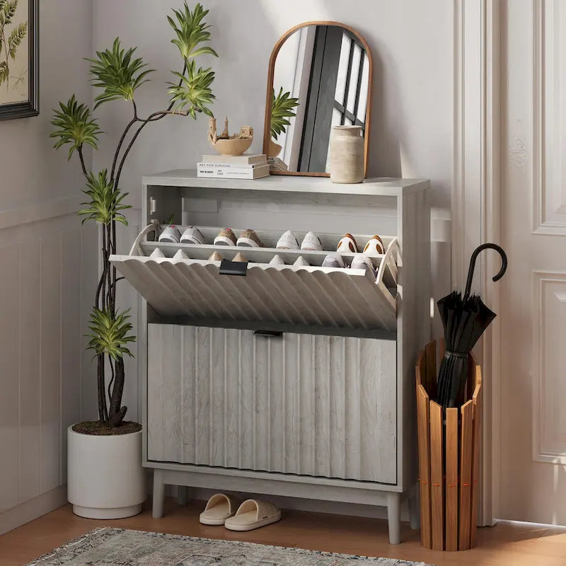 Meuble à chaussures avec 2 tiroirs basculants, meuble de rangement pour chaussures cannelé pour entrée, organisateur de rangement pour chaussures autoportant avec portes ondulées