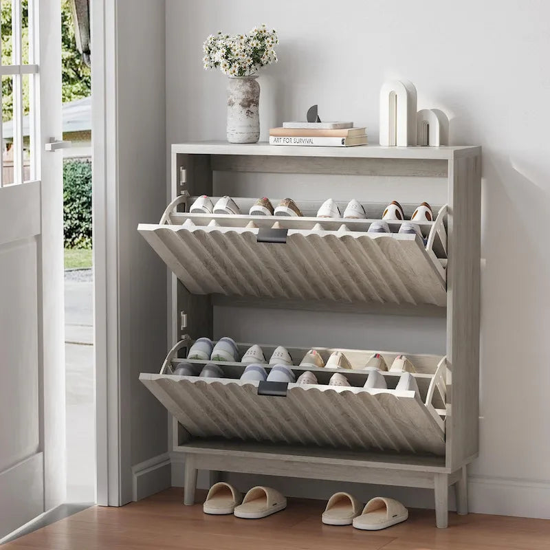 Meuble à chaussures avec 2 tiroirs basculants, meuble de rangement pour chaussures cannelé pour entrée, organisateur de rangement pour chaussures autoportant avec portes ondulées
