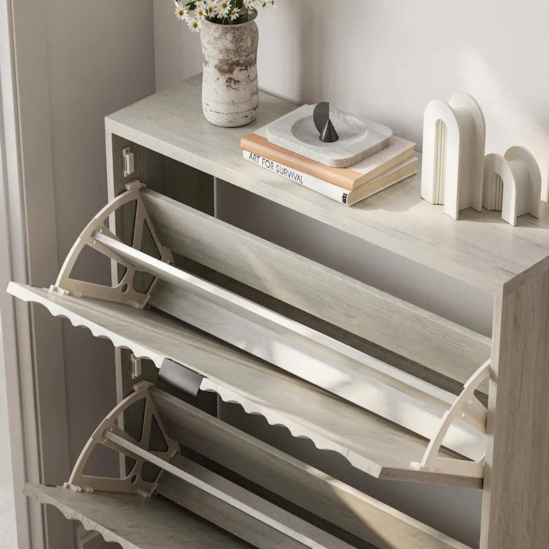 Meuble à chaussures avec 2 tiroirs basculants, meuble de rangement pour chaussures cannelé pour entrée, organisateur de rangement pour chaussures autoportant avec portes ondulées