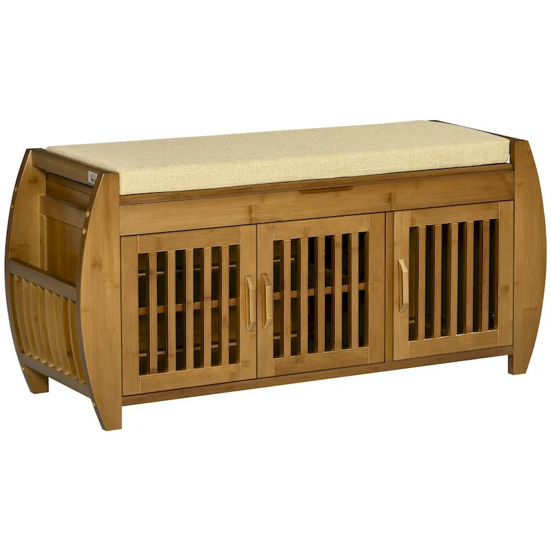 Banc à chaussures avec armoires de rangement, banc d'entrée en bambou avec coussin d'assise, 3 portes