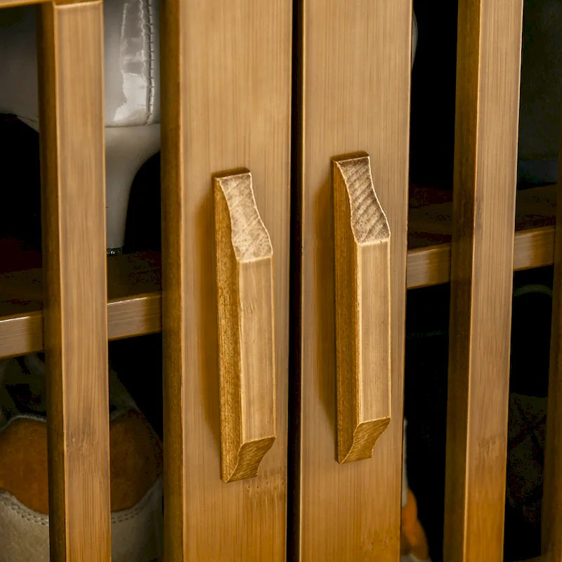 Banc à chaussures avec armoires de rangement, banc d'entrée en bambou avec coussin d'assise, 3 portes