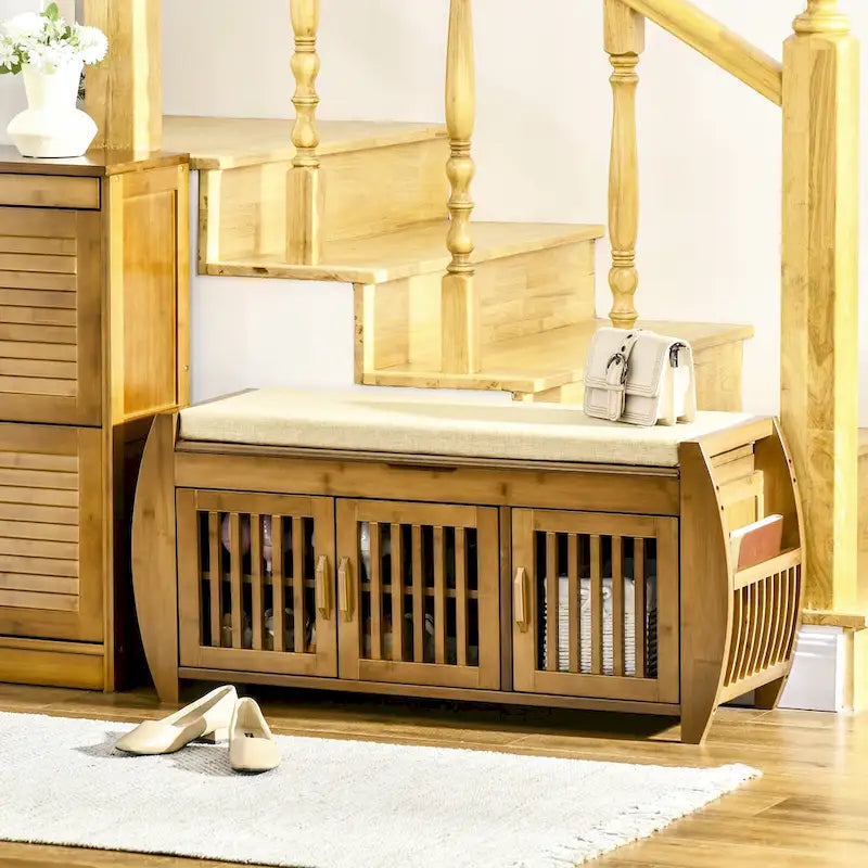 Banc à chaussures avec armoires de rangement, banc d'entrée en bambou avec coussin d'assise, 3 portes