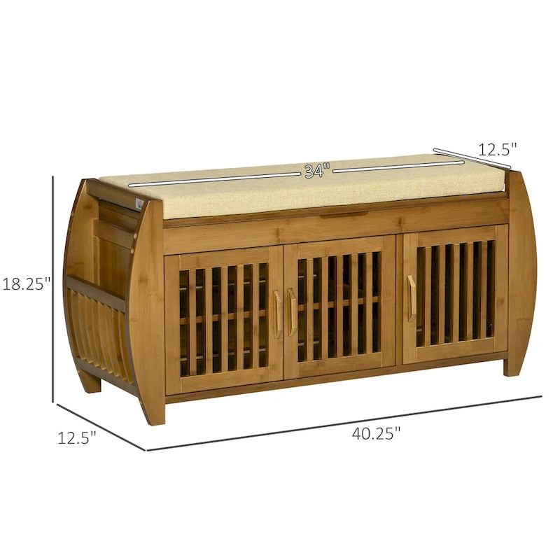Banc à chaussures avec armoires de rangement, banc d'entrée en bambou avec coussin d'assise, 3 portes