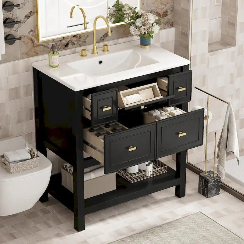 Meuble lavabo de salle de bain 30 po avec évier en céramique, ensemble de vanité autoportant simple avec 5 tiroirs
