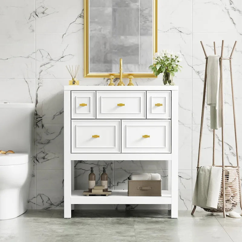 Meuble lavabo de salle de bain 30 po avec évier en céramique, ensemble de vanité autoportant simple avec 5 tiroirs