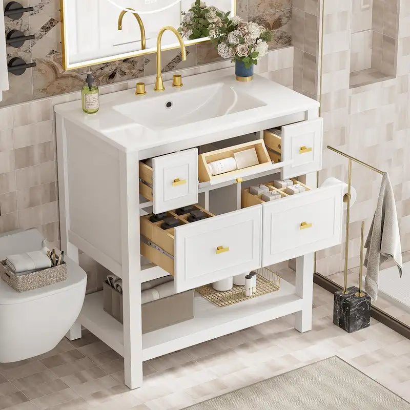 Meuble lavabo de salle de bain 30 po avec évier en céramique, ensemble de vanité autoportant simple avec 5 tiroirs