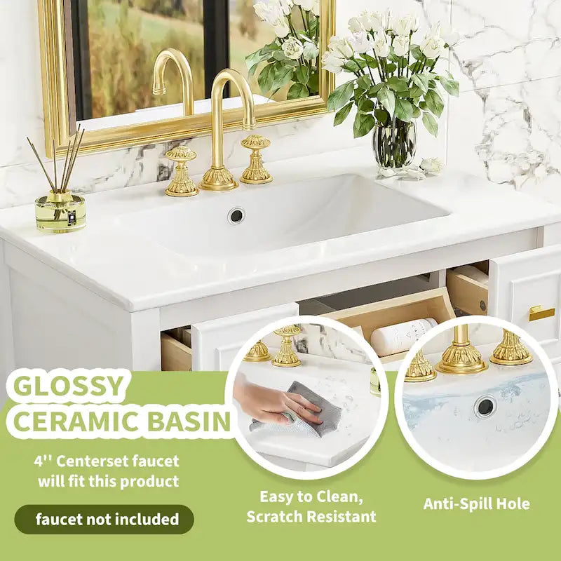 Meuble lavabo de salle de bain 30 po avec évier en céramique, ensemble de vanité autoportant simple avec 5 tiroirs