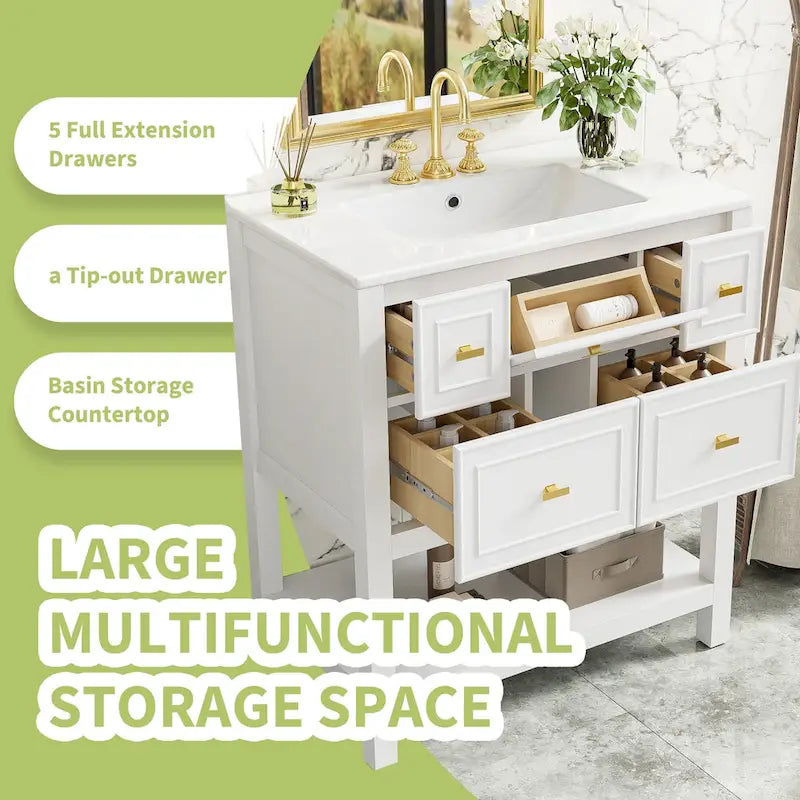 Meuble lavabo de salle de bain 30 po avec évier en céramique, ensemble de vanité autoportant simple avec 5 tiroirs