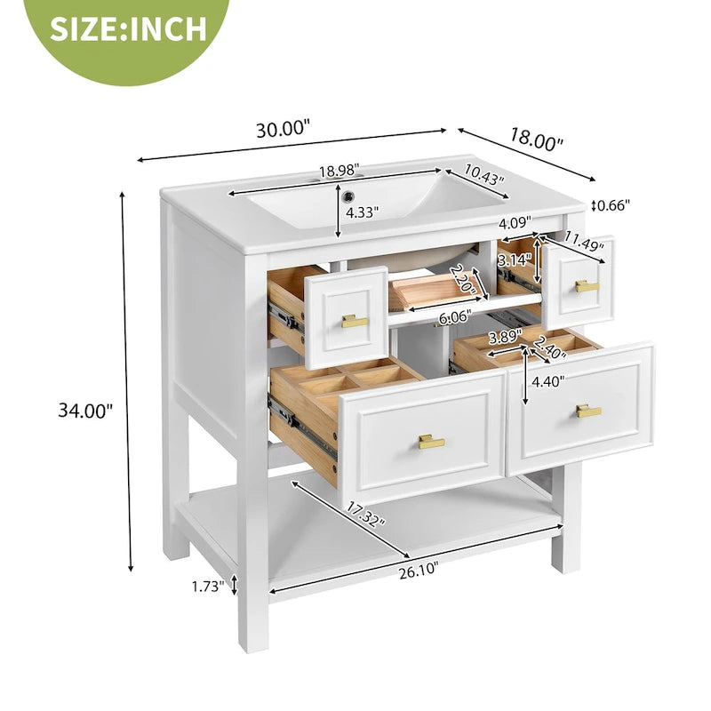 Meuble lavabo de salle de bain 30 po avec évier en céramique, ensemble de vanité autoportant simple avec 5 tiroirs