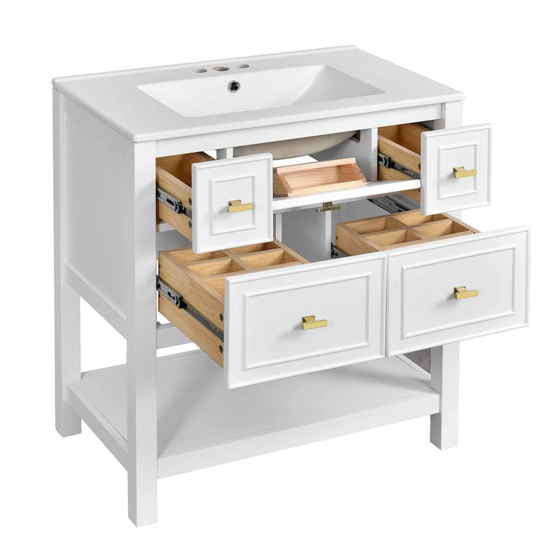 Meuble lavabo de salle de bain 30 po avec évier en céramique, ensemble de vanité autoportant simple avec 5 tiroirs