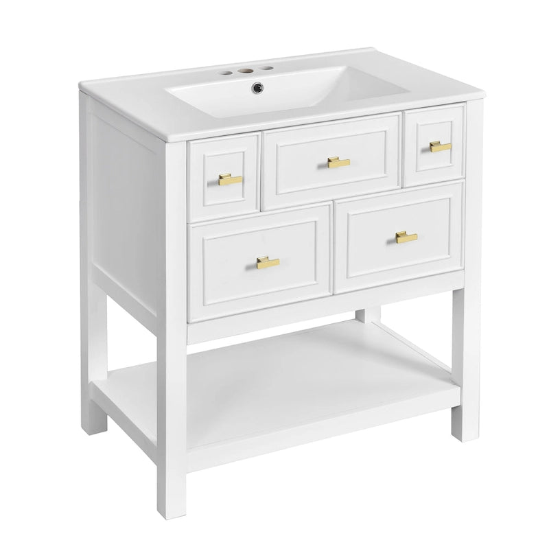 Meuble lavabo de salle de bain 30 po avec évier en céramique, ensemble de vanité autoportant simple avec 5 tiroirs