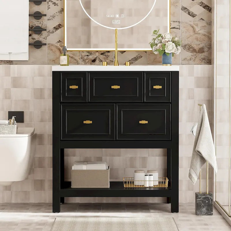 Meuble lavabo de salle de bain 30 po avec évier en céramique, ensemble de vanité autoportant simple avec 5 tiroirs