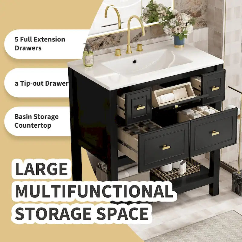 Meuble lavabo de salle de bain 30 po avec évier en céramique, ensemble de vanité autoportant simple avec 5 tiroirs