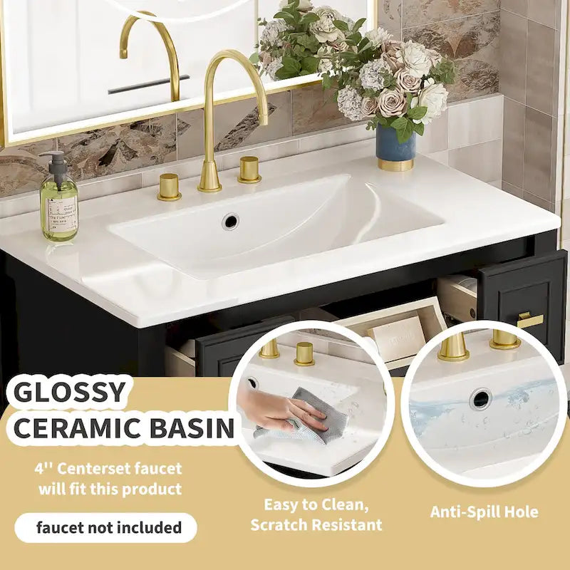Meuble lavabo de salle de bain 30 po avec évier en céramique, ensemble de vanité autoportant simple avec 5 tiroirs