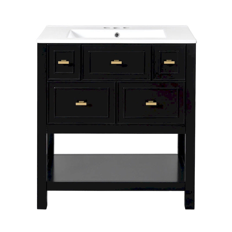 Meuble lavabo de salle de bain 30 po avec évier en céramique, ensemble de vanité autoportant simple avec 5 tiroirs