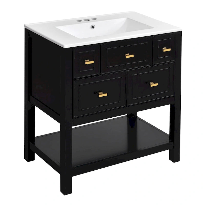 Meuble lavabo de salle de bain 30 po avec évier en céramique, ensemble de vanité autoportant simple avec 5 tiroirs