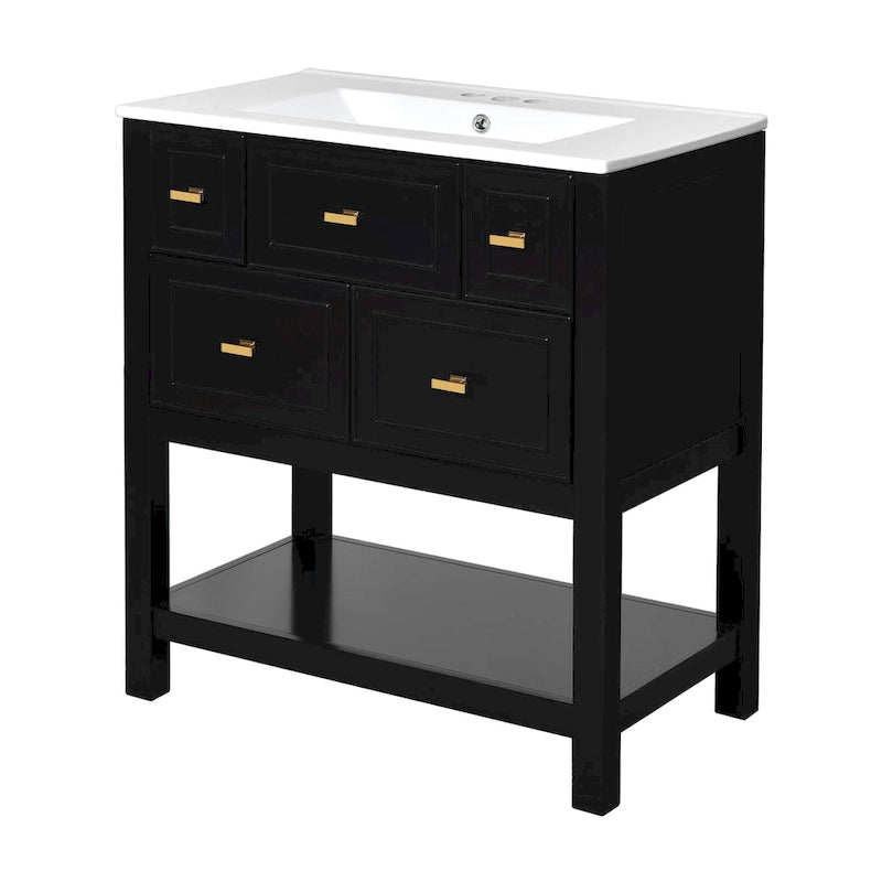 Meuble lavabo de salle de bain 30 po avec évier en céramique, ensemble de vanité autoportant simple avec 5 tiroirs