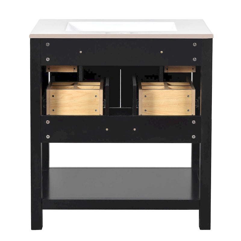 Meuble lavabo de salle de bain 30 po avec évier en céramique, ensemble de vanité autoportant simple avec 5 tiroirs