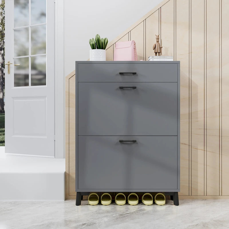 Meuble à chaussures pour entrée, Meuble de rangement pour chaussures autoportant avec 2 tiroirs basculants, Organisateur de rangement pour chaussures caché