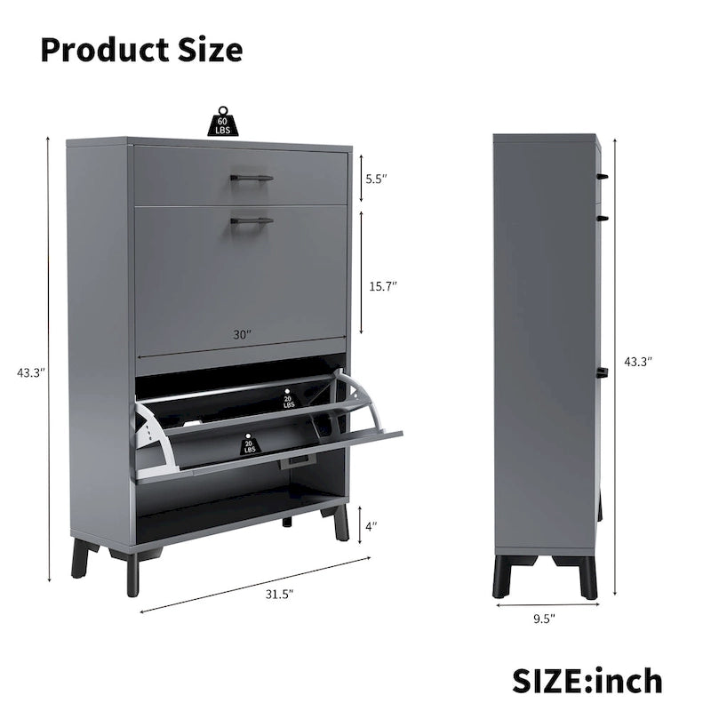 Meuble à chaussures pour entrée, Meuble de rangement pour chaussures autoportant avec 2 tiroirs basculants, Organisateur de rangement pour chaussures caché