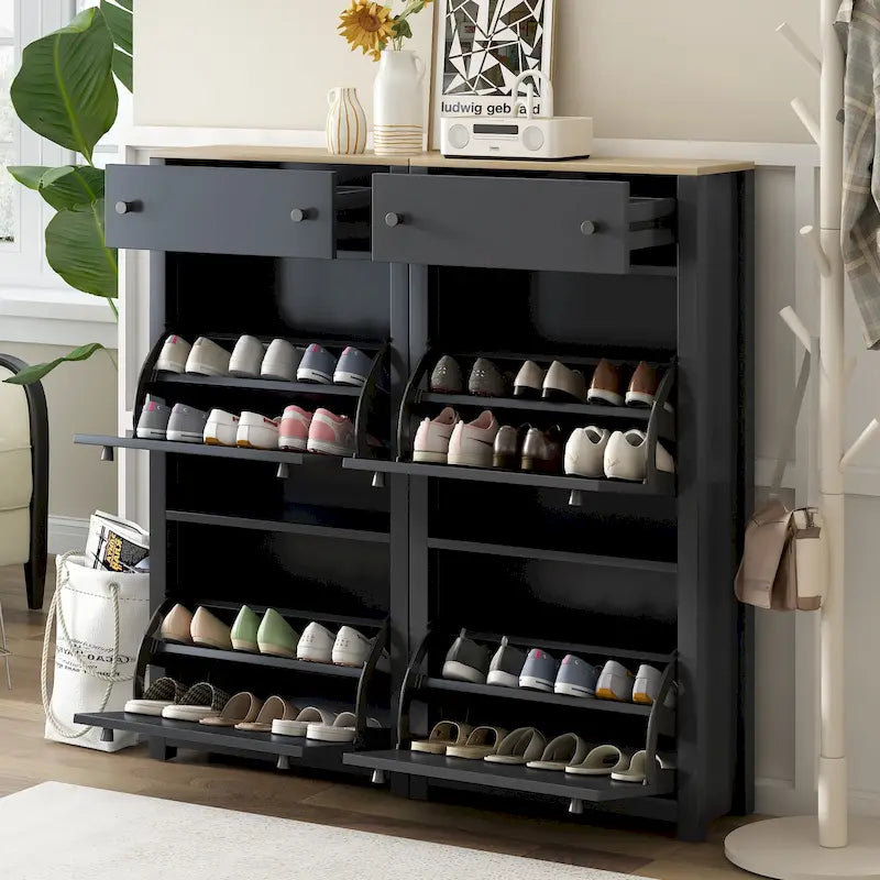 Meuble à chaussures fin et basculant avec 4 tiroirs abattants, dessus en motif de grain de bois, solution de rangement de chaussures avec panneau réglable