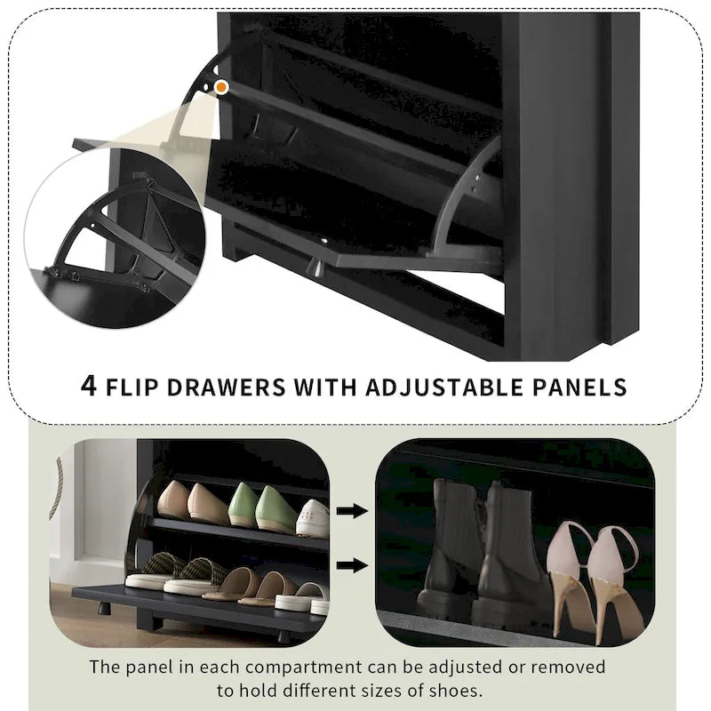 Meuble à chaussures fin et basculant avec 4 tiroirs abattants, dessus en motif de grain de bois, solution de rangement de chaussures avec panneau réglable