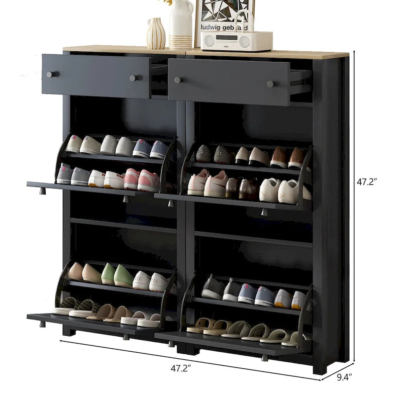 Meuble à chaussures fin et basculant avec 4 tiroirs abattants, dessus en motif de grain de bois, solution de rangement de chaussures avec panneau réglable