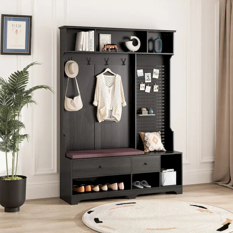 GDFStudio - Meuble d'entrée multifonctionnel Finn avec banc à chaussures, panneau perforé et grand espace de rangement