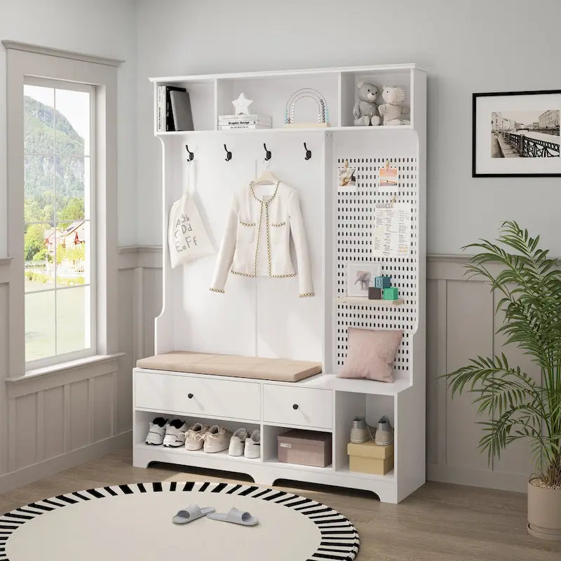 GDFStudio - Meuble d'entrée multifonctionnel Finn avec banc à chaussures, panneau perforé et grand espace de rangement