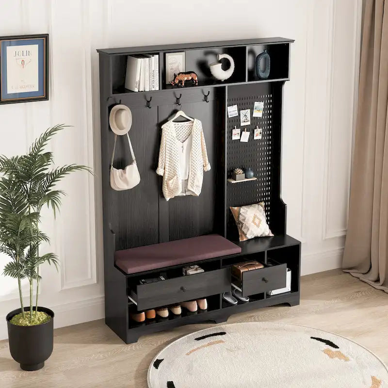 GDFStudio - Meuble d'entrée multifonctionnel Finn avec banc à chaussures, panneau perforé et grand espace de rangement