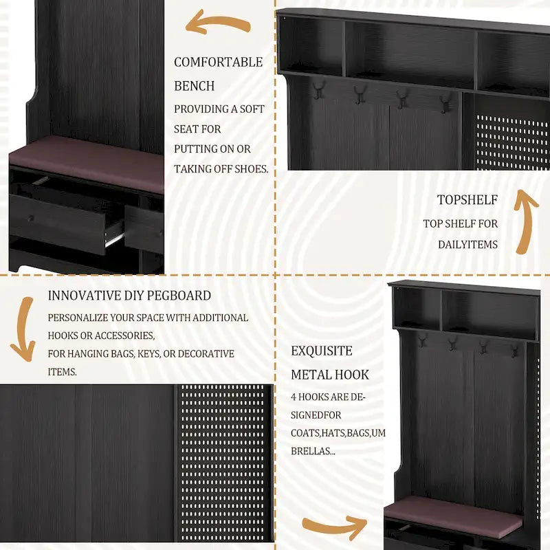 GDFStudio - Meuble d'entrée multifonctionnel Finn avec banc à chaussures, panneau perforé et grand espace de rangement