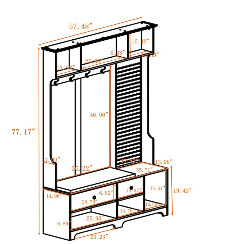 GDFStudio - Meuble d'entrée multifonctionnel Finn avec banc à chaussures, panneau perforé et grand espace de rangement