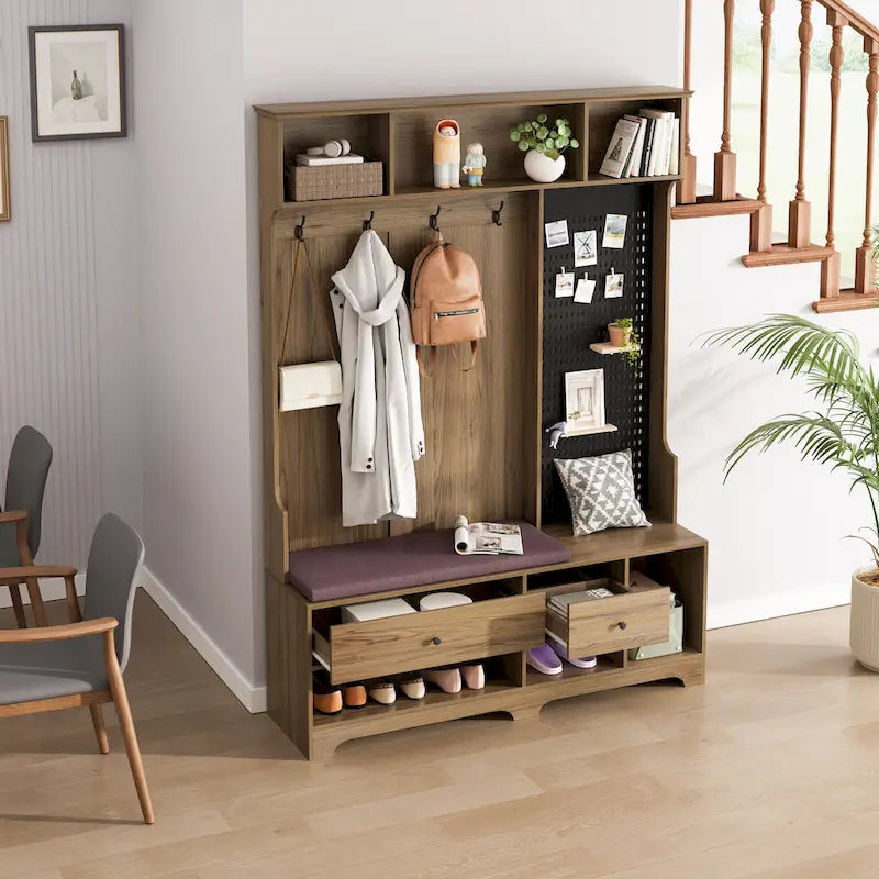 GDFStudio - Meuble d'entrée multifonctionnel Finn avec banc à chaussures, panneau perforé et grand espace de rangement