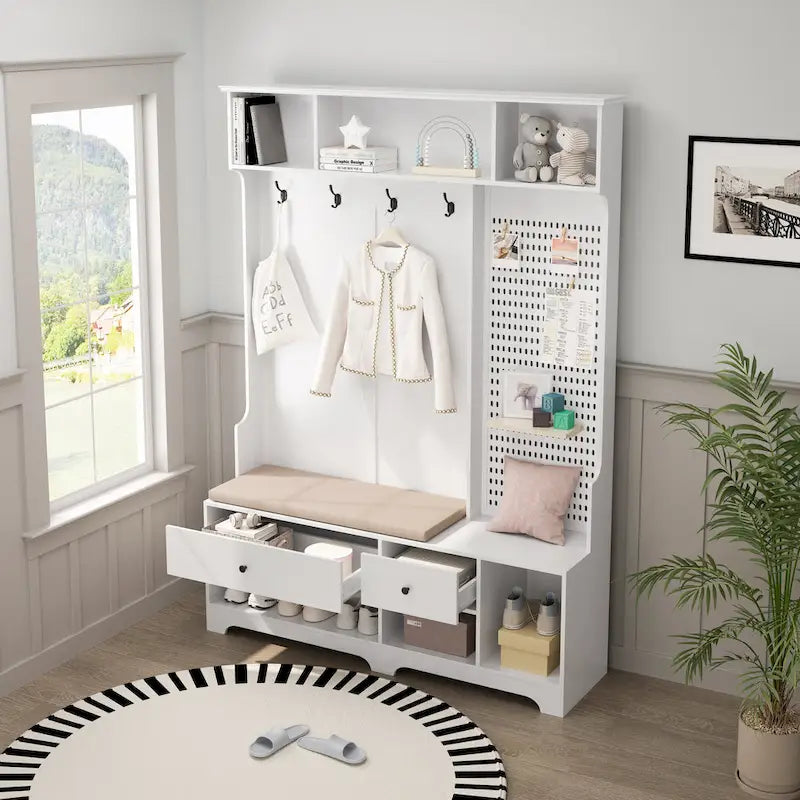 GDFStudio - Meuble d'entrée multifonctionnel Finn avec banc à chaussures, panneau perforé et grand espace de rangement