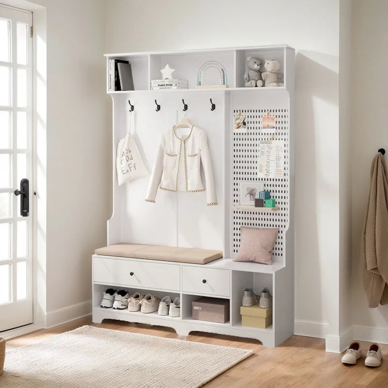 GDFStudio - Meuble d'entrée multifonctionnel Finn avec banc à chaussures, panneau perforé et grand espace de rangement