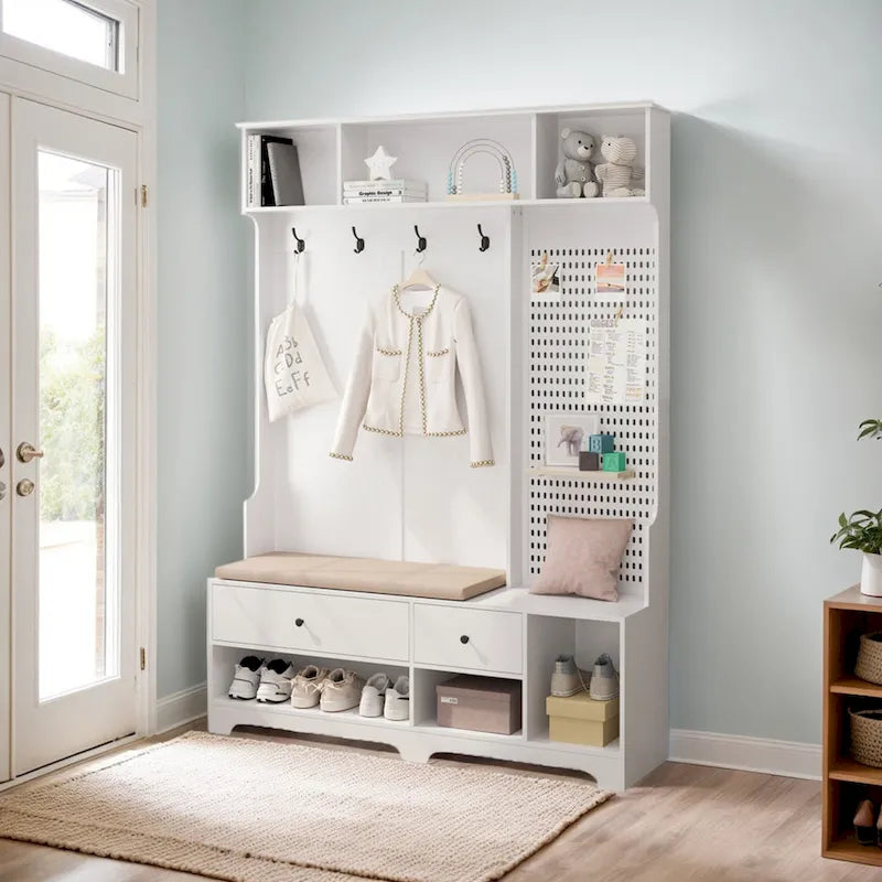 GDFStudio - Meuble d'entrée multifonctionnel Finn avec banc à chaussures, panneau perforé et grand espace de rangement