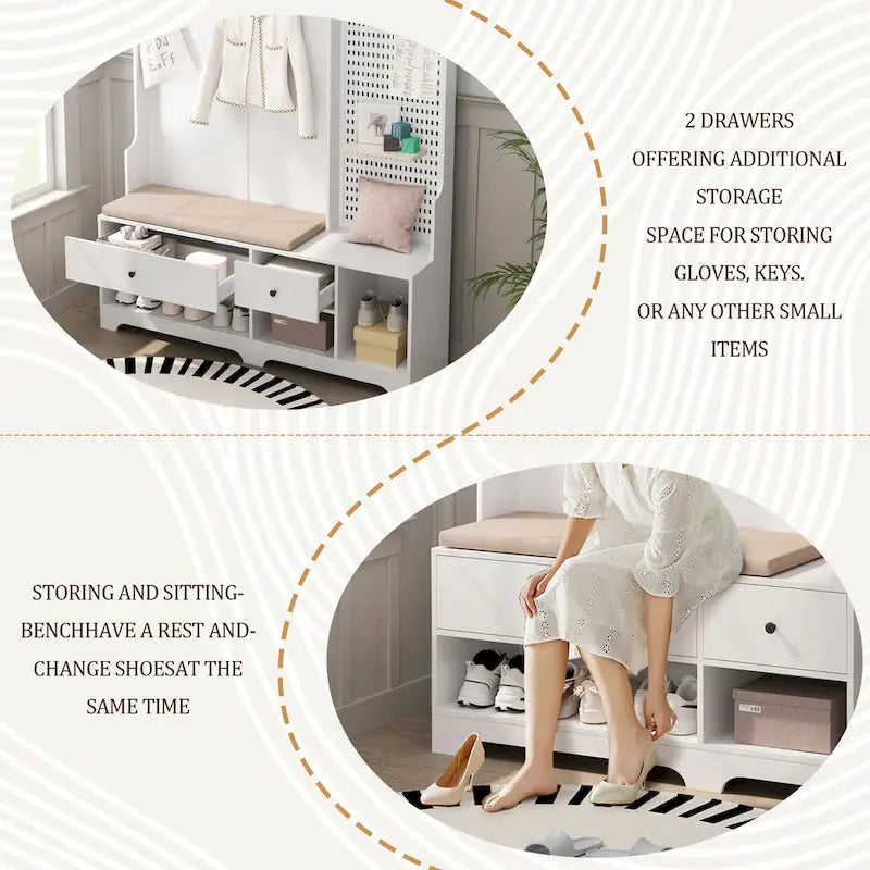 GDFStudio - Meuble d'entrée multifonctionnel Finn avec banc à chaussures, panneau perforé et grand espace de rangement