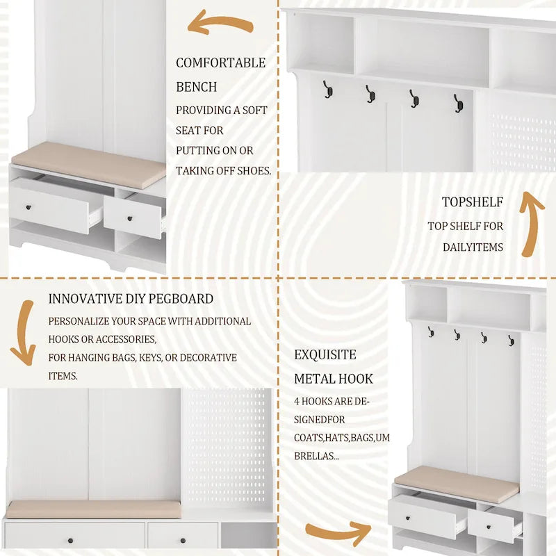 GDFStudio - Meuble d'entrée multifonctionnel Finn avec banc à chaussures, panneau perforé et grand espace de rangement