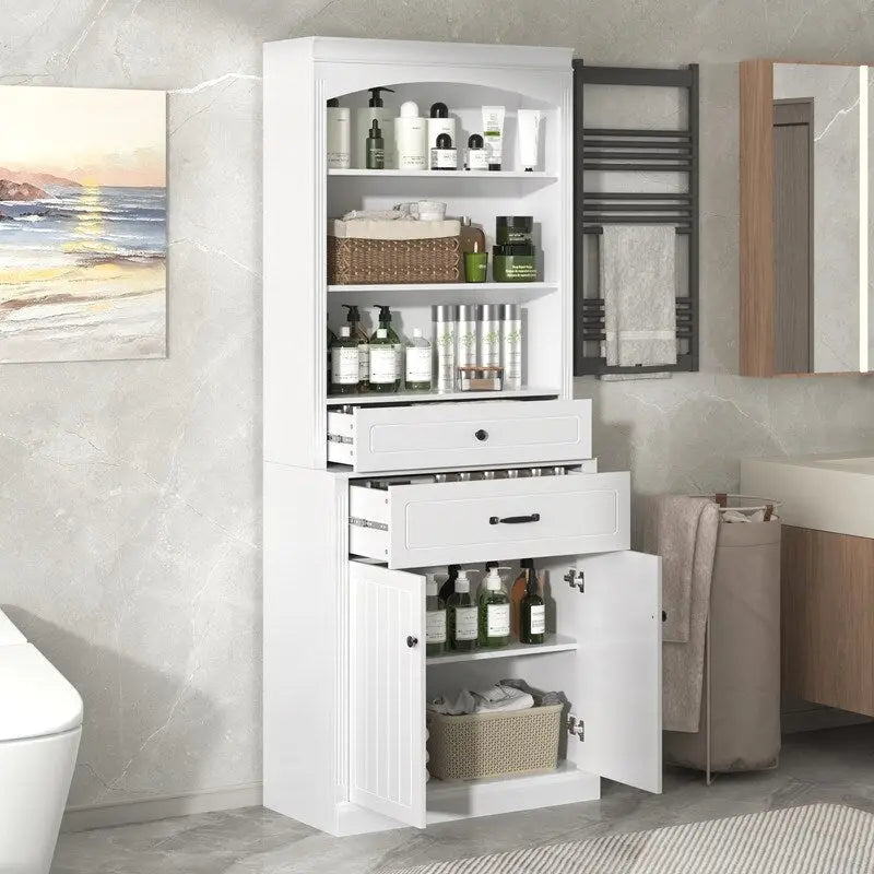 Meuble de salle de bain avec 2 portes, tiroirs, étagère réglable et 3 étagères ouvertes