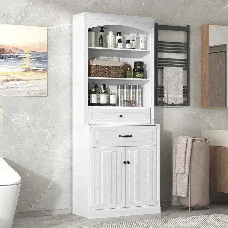 Meuble de salle de bain avec 2 portes, tiroirs, étagère réglable et 3 étagères ouvertes
